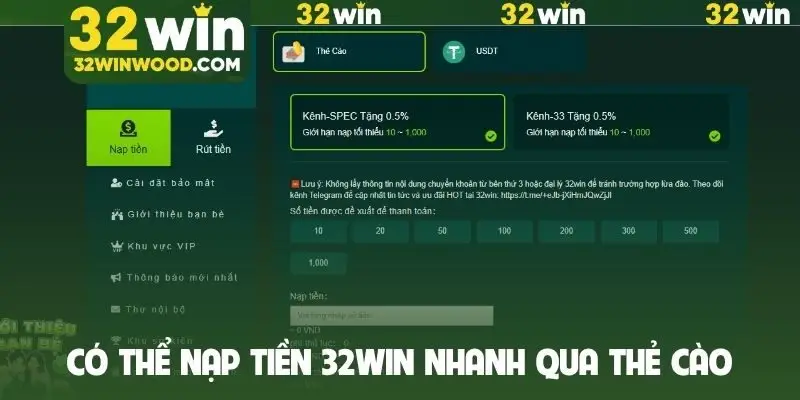 Có thể nạp tiền 32Win nhanh qua thẻ cào